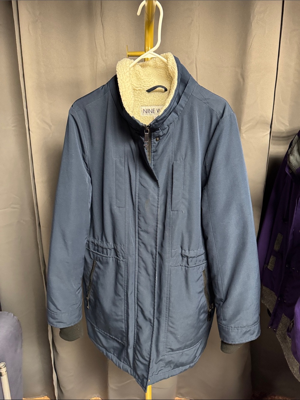 Nine West Navy Puffer Coat with Faux-Sherpa Collar